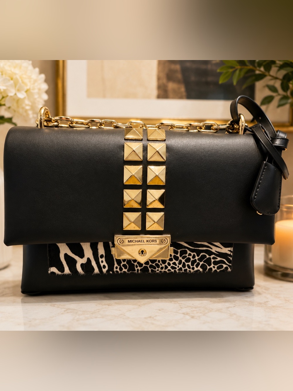 Michael Kors Black Shoulder Bag with Gold Studs and Animal-Print Accent